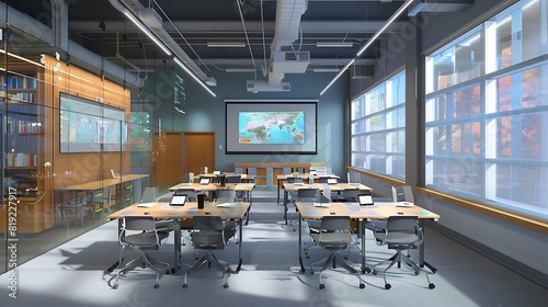 A next-generation classroom featuring transparent screens on all sides, offering interactive AI-powered learning experiences photo