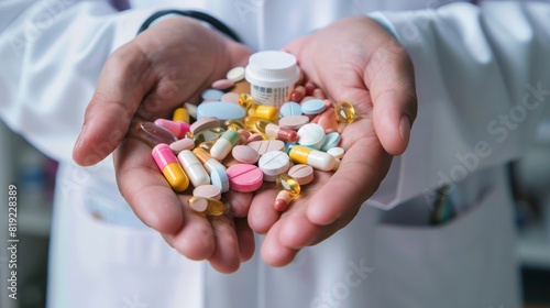 Hands holding a variety of colorful pills and capsules. Healthcare and medication concept.