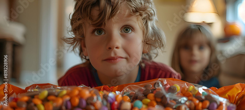 Children eagerly sorting through their Halloween candy haul  with excited expressions