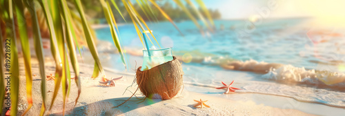 Tropical beach with sea coconut drink on sand, summer holiday background. Travel and beach vacation, ad banner, web digital header template,  photo