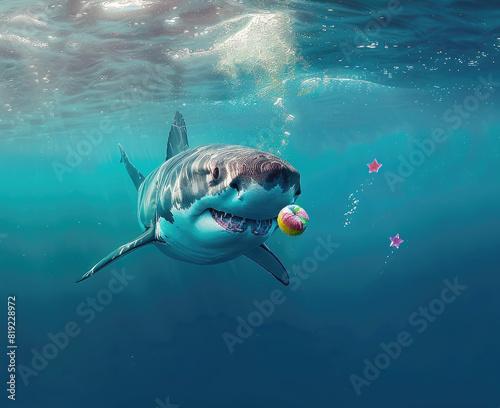 Super clarity in the depths, where a white shark's melancholy meets candy dreams © Sattawat