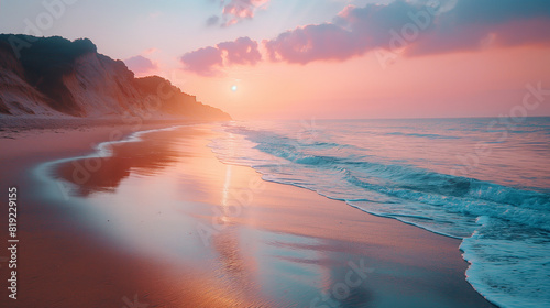 A serene beach at sunrise with soft pastel gradient skies transitioning from pale pink to light lavender, reflecting on the calm waters and creating a tranquil ambiance.