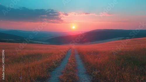 A picturesque countryside landscape with rolling hills under a sky painted in gentle shades of peach  blush pink  and baby blue  as the sun sets behind a distant mountain range.