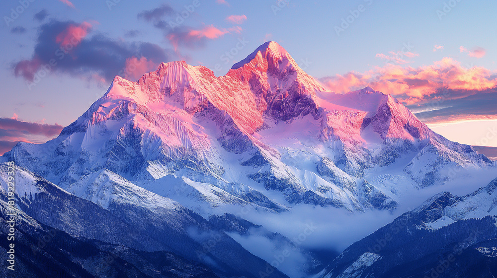 Snow-capped mountains at dusk, with the sky above fading from light turquoise to soft lavender and dusty pink, casting a gentle glow on the snowy peaks. Snow-capped mountains at dusk, with the sky above fading from light turquoise to soft lavender and dusty pink, casting a gentle glow on the snowy peaks.