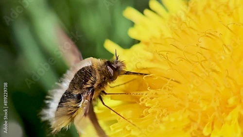 The big buzzer (Latin Bombylius major) drinks nectar from a yellow flower photo