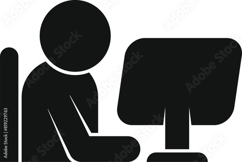 Simple black and white icon depicting a person seated at a desk with a computer monitor