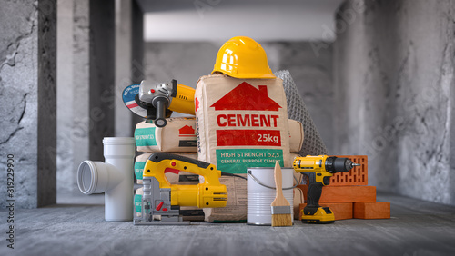Construction materials and tools indoors with walls without finishing for renovation.