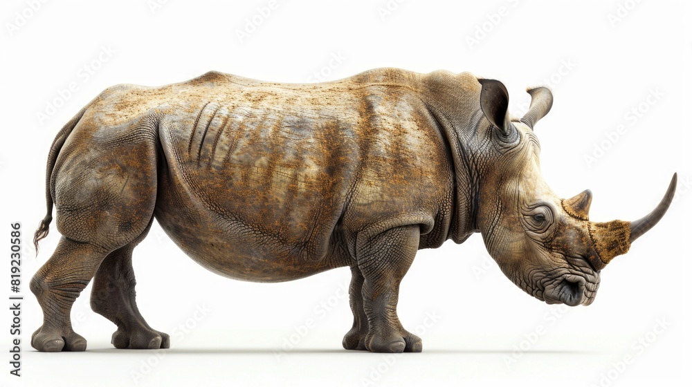 Fototapeta premium A powerful rhino standing on a white surface. Suitable for various projects
