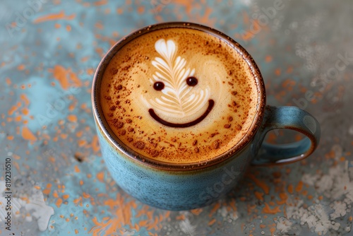 A cup of coffee with a smiley face drawn on it