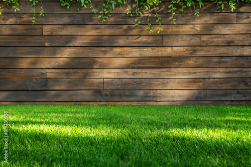 Green grass lawn and wooden wall