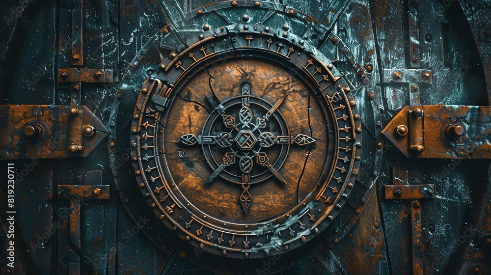 Intricate ancient metal door with ornate circular design and weathered textures, showcasing historical craftsmanship and mysterious ambiance. Intricate ancient metal door with ornate circular design and weathered textures, showcasing historical craftsmanship and mysterious ambiance.