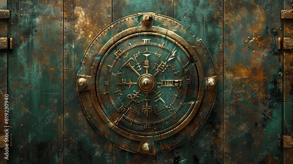 Rustic antique vault door featuring intricate design details and aged metal textures, perfect for themes of security and history. Rustic antique vault door featuring intricate design details and aged metal textures, perfect for themes of security and history.