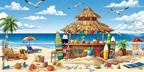 Lively Tropical Beach Scene with Tiki Bar, Colorful Surfboards, and Beach Accessories under Blue Sky with Seagulls and Palm Tree photo