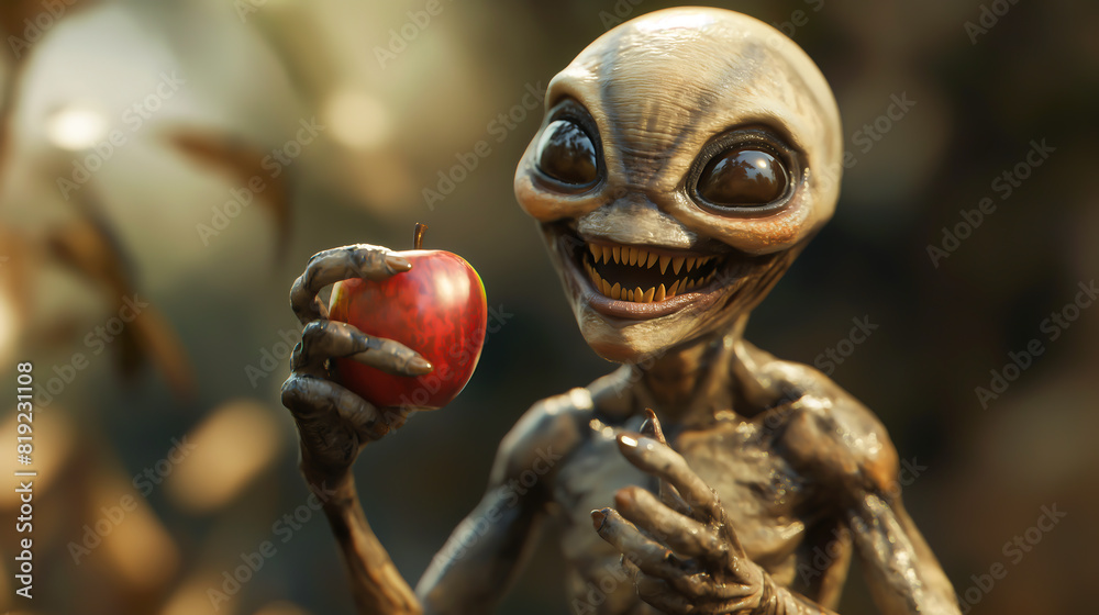 A happy dmt aliens laughing on the world, holding red apple on hand