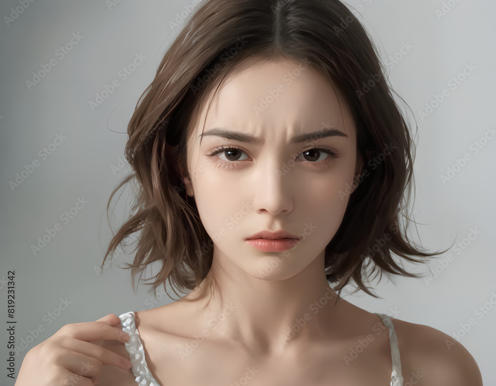 Elegant Portrait of a Young Woman with Short Hair, Intense Gaze
