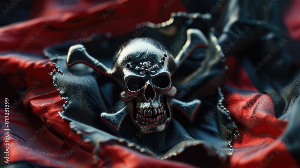 Metallic skull pirate pin on a waving red and black flag, hacker emblem, death danger symbol