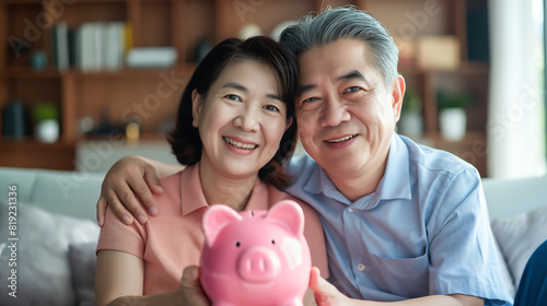 Happy Asian couple and piggy bank successfully investing in property 