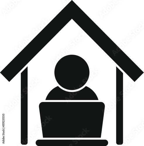 Minimalist black and white flat vector outline graphic design pictogram symbol of a remote worker using a laptop for online telecommuting and teleworking from home during the covid19 pandemic