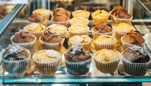 muffins in a glass display in a bakery 