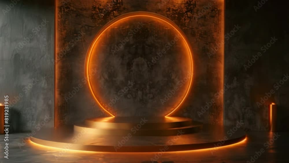 A gold podium stage with a golden 3D platform light stand product on a ...