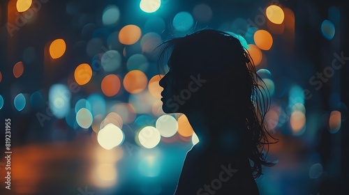 Discover beauty in simplicity as a woman stands poised on a deserted street, the gentle breeze teasing her hair while the city lights twinkle in the background, 