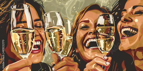 A group of laughing friends toast with sparkling wine, their cheeks flushed and eyes bright. photo