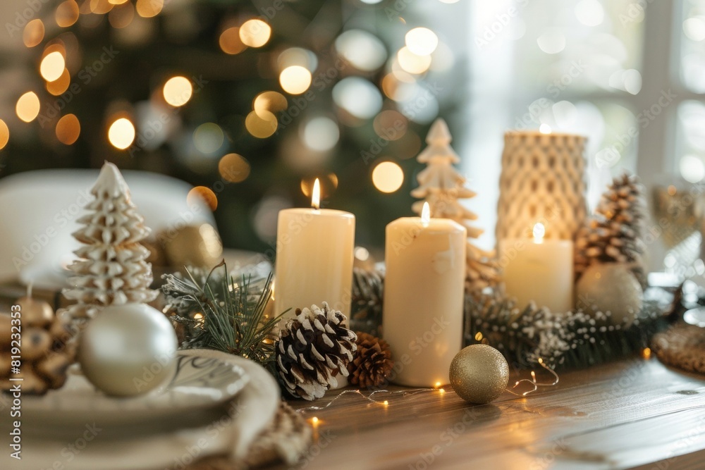 Elegant Christmas dinner table adorned with pine tree, glowing candles, and holiday ornaments - Seasonal Festivity - Interior Design - Catering Services Elegant Christmas dinner table adorned with pine tree, glowing candles, and holiday ornaments - Seasonal Festivity - Interior Design - Catering Services
