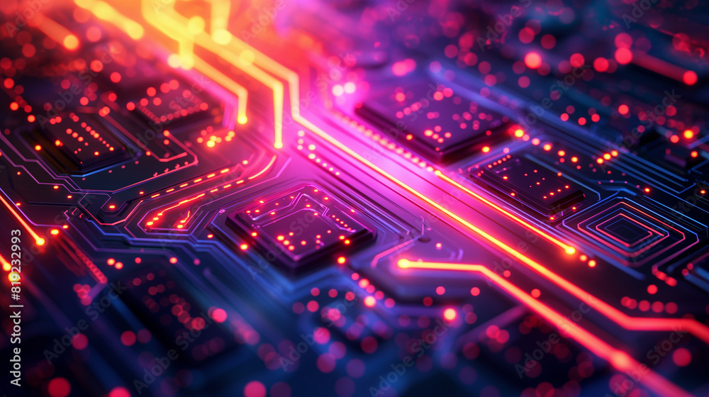 A colorful image of a circuit board with many small squares and dots