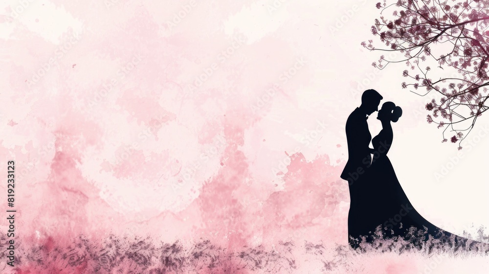 Minimalist Wedding Silhouette - Elegant Bridal Couple - Soft Pink Romance