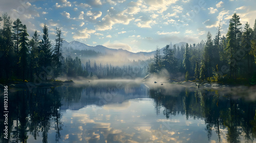 Serene Lake Surrounded by Forest and Mountains 