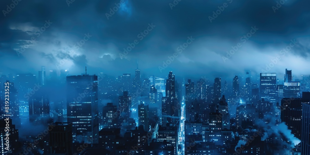 Fototapeta premium Misty foggy blue stormy night sky over a vast panoramic view of a city skyline - stormy weather - emblematic cityscape.