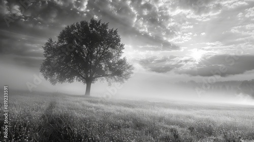 Misty meadow at sunrise. black and white