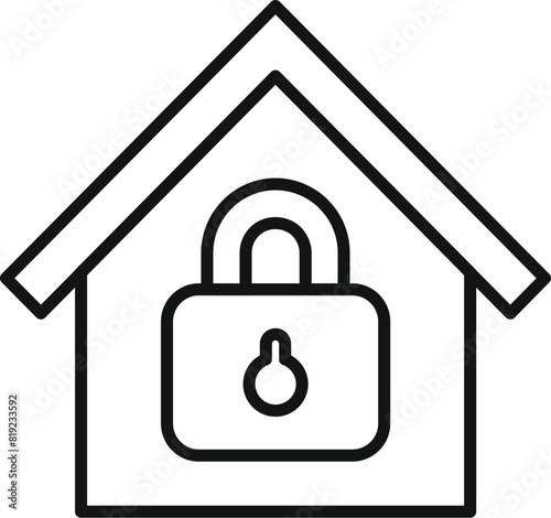 Secure home icon with padlock and house vector line art for safety and protection in residential real estate and property security concept