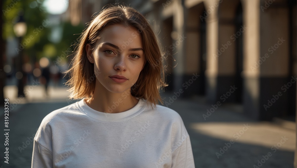 Mockup. Young woman wearing blank white crewneck sweatshirt in city street in sunny day. Mock up template for sweatshirt design, print area for logo or design. Mockup. Young woman wearing blank white crewneck sweatshirt in city street in sunny day. Mock up template for sweatshirt design, print area for logo or design.