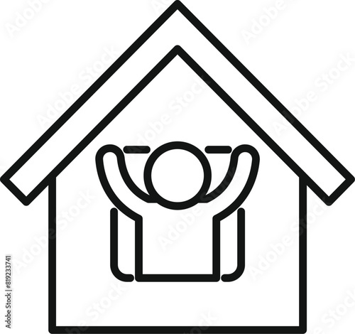 An outline icon representing a person with raised arms inside a house, symbolizing safety and comfort at home