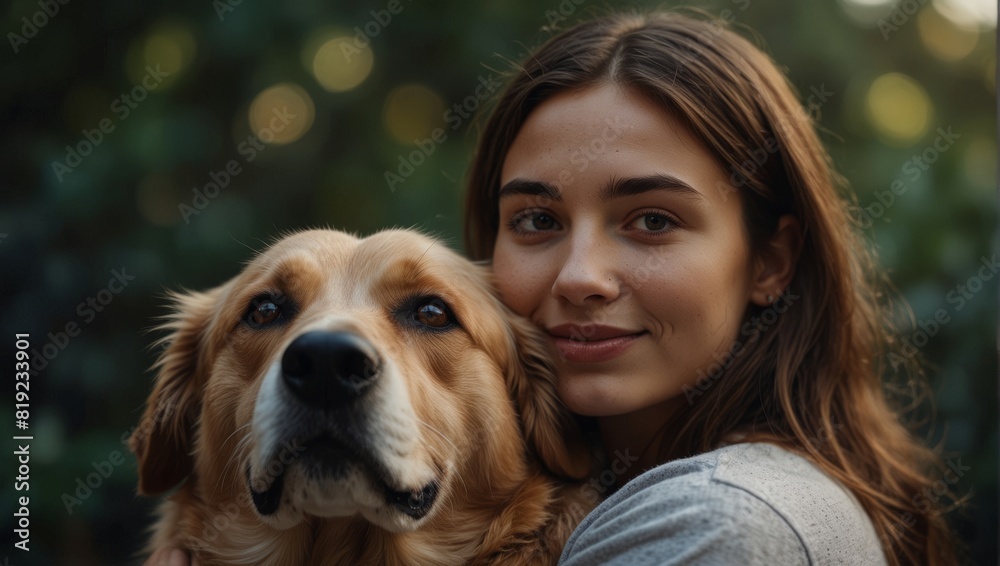 Young woman hugging her dog. Closeup portrait. Living with pet mindfulness, friendship concept.