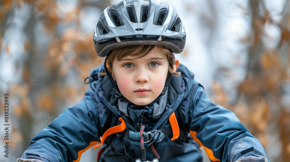 A closeup on a young child riding a bike and wearing a helmet outdoors at a park or forest A closeup on a young child riding a bike and wearing a helmet outdoors at a park or forest