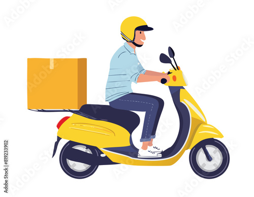 Delivery Man vector Illustration riding a yellow scooter