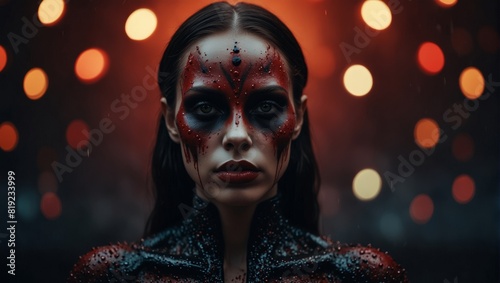 A woman with a face painted like an alien is surrounded by blood,.