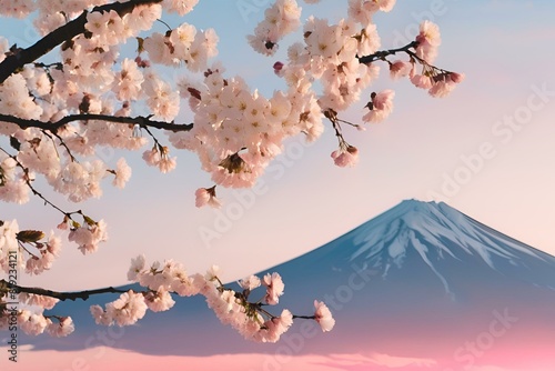 A photo of white cherry blossoms with a blue sky and Fuji mountain, Spring time, Sakura background