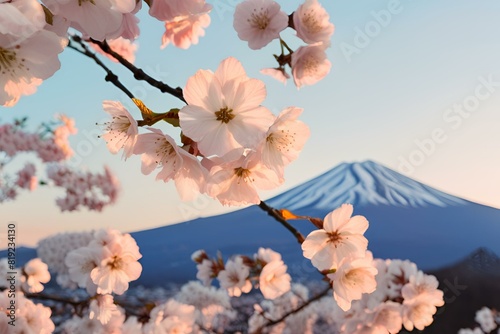 A photo of white cherry blossoms with a blue sky and Fuji mountain, Spring time, Sakura background