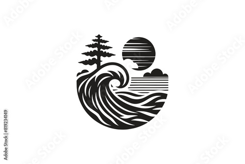 beach ocean logo with waves and pine tree,black and white silhouette style vector photo