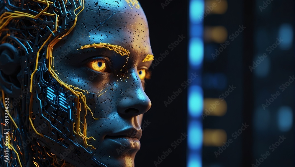 Side view of a humanoid head with blue and yellow eyes and vibrant neon neural network, representing futuristic technology and artificial intelligence. Generative. Side view of a humanoid head with blue and yellow eyes and vibrant neon neural network, representing futuristic technology and artificial intelligence. Generative.