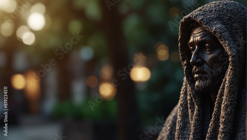 A statue of a man wearing a blanket over his head,. photo