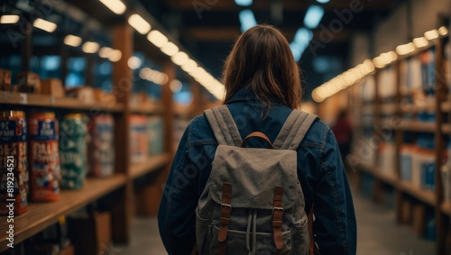 A woman with a backpack in the middle of an aisle,. photo