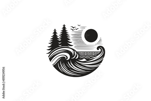 beach ocean vibes logo with waves, pine trees, black and white silhouette style vector