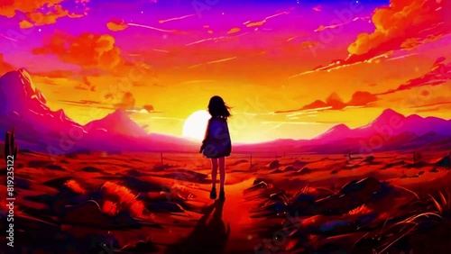 The Lofi Girl walks through a quiet desert landscape at sunset, the sky ablaze with vibrant colors, 4k Japanese 2D anime-style Lofi music background photo