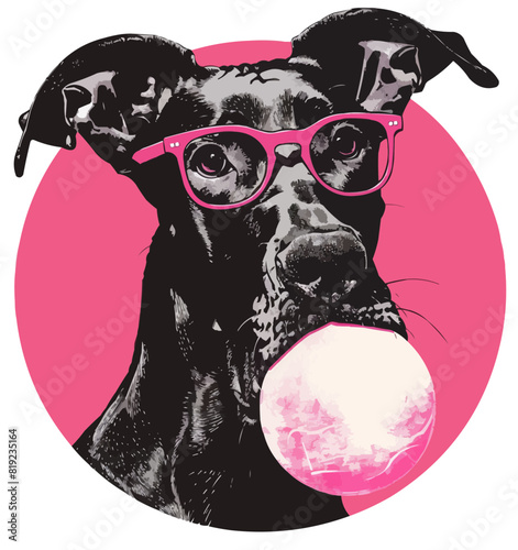 Great Dane with pink bubble gum and glasses