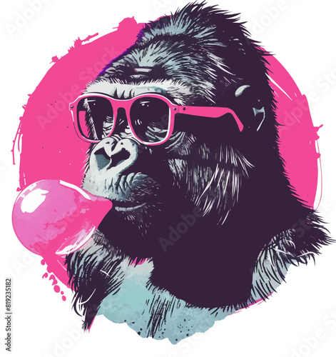 Gorilla with pink bubble gum and glasses