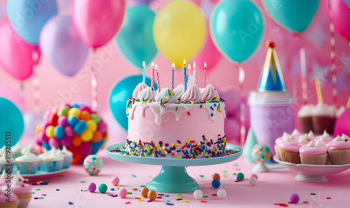 Birthday Party Balloons  Colorful Balloons Background with Birthday Cake and Candles. A beautifully decorated birthday cake with pastel pink icing and colorful sprinkles  complemented by balloons.